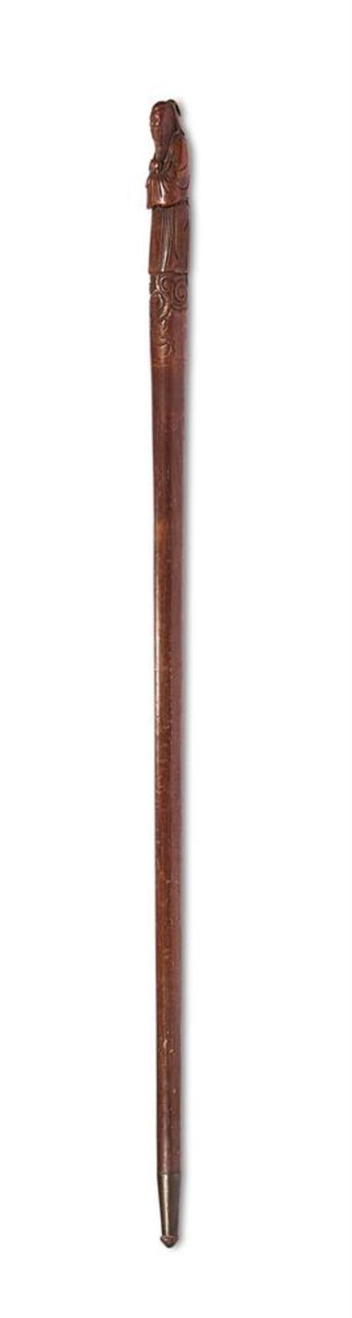 A CHINESE HARDWOOD 'SHOULAO' WALKING STICK, QING DYNASTY