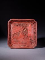 A CHINESE RED CINNABAR LACQUER CARVED SQUARE DISH, MING DYNASTY