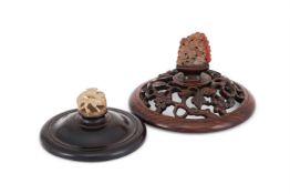 TWO CHINESE HARDSTONE COVERS WITH JADE AND AGATE FINIALSTHE JADE YUAN-MING DYNASTY12cm diameter an