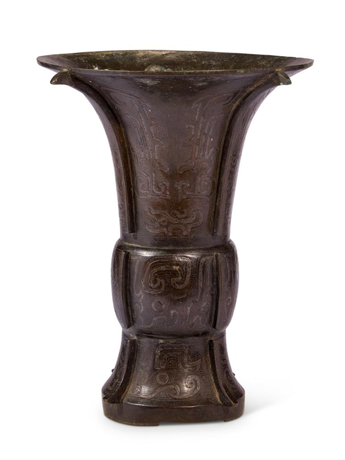 A CHINESE BRONZE SILVER-INLAID 'ARCHAISTIC' GU VASE, 17TH OR 18TH CENTURY