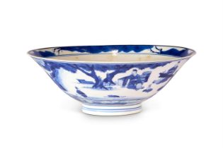 A CHINESE BLUE AND WHITE 'SEVEN SAGES OF THE BAMBOO GROVE' BOWL, QING DYNASTY