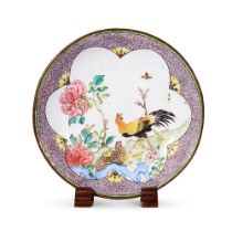 A CHINESE FAMILLE ROSE CANTON ENAMEL 'COCKEREL AND QUAIL' DISH, QING DYNASTY