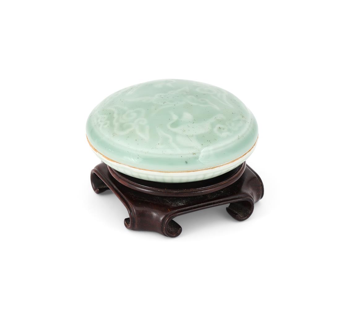 A CHINESE CELADON-GLAZED SEAL PASTE BOX AND COVER, QING DYNASTY