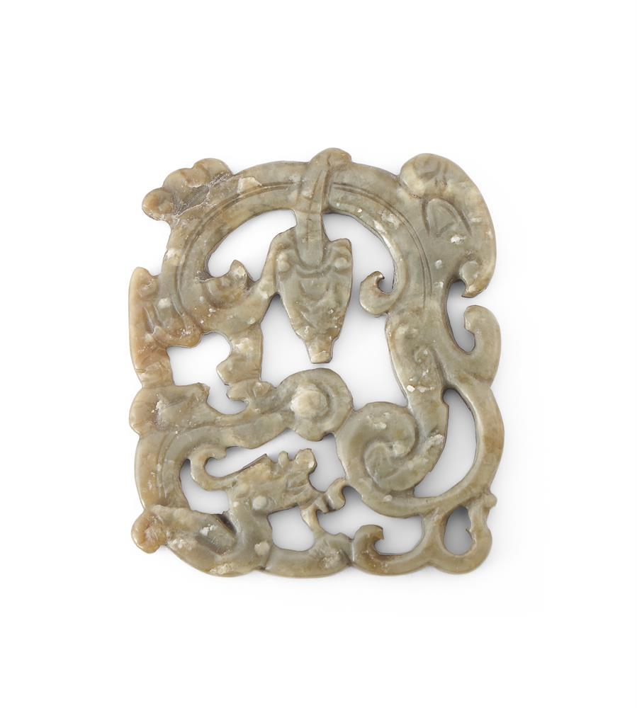 A CHINESE CELADON JADE OPENWORK 'DRAGON' PENDANT, SONG OR MING DYNASTY