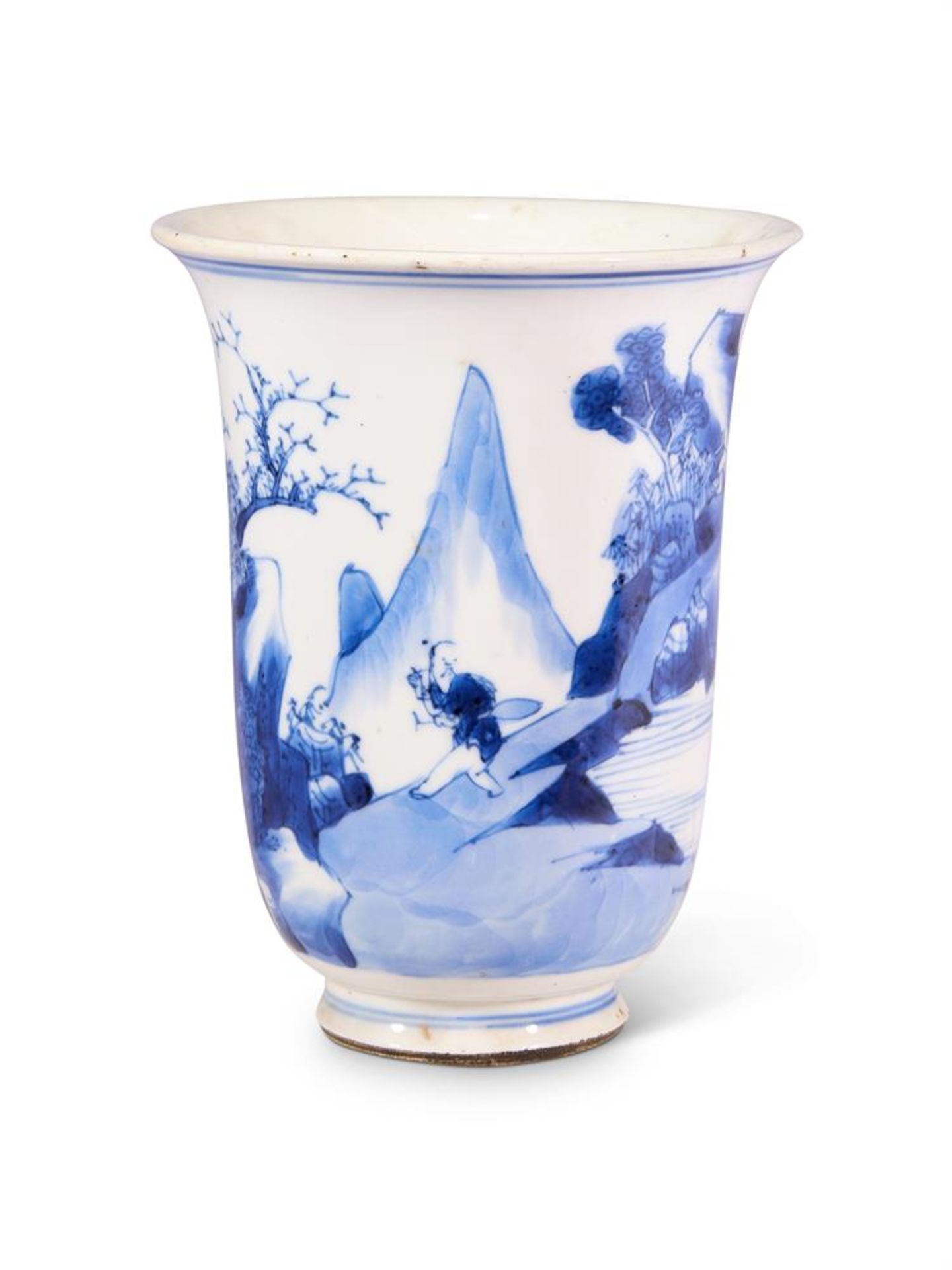A CHINESE BLUE AND WHITE PORCELAIN BEAKER, QING DYNASTY