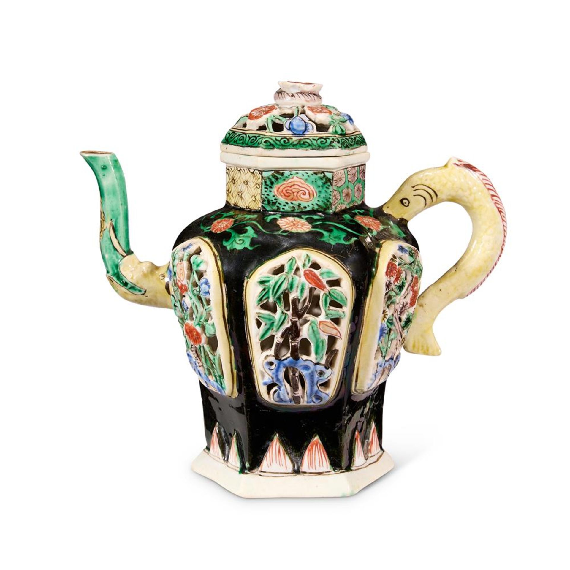 A CHINESE FAMILLE NOIRE HEXAGONAL 'THREE FRIENDS OF WINTER' TEAPOT AND COVER, QING DYNASTY