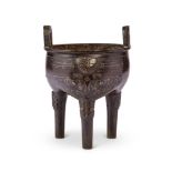 A CHINESE BRONZE SILVER-INLAID AND GILT 'ARCHAISTIC' DING TRIPOD CENSER, 17TH OR 18TH CENTURY