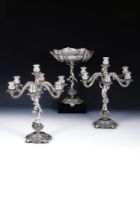 A PAIR OF SILVER SEVEN LIGHT CANDELABRA AND A PEDESTAL BOWL