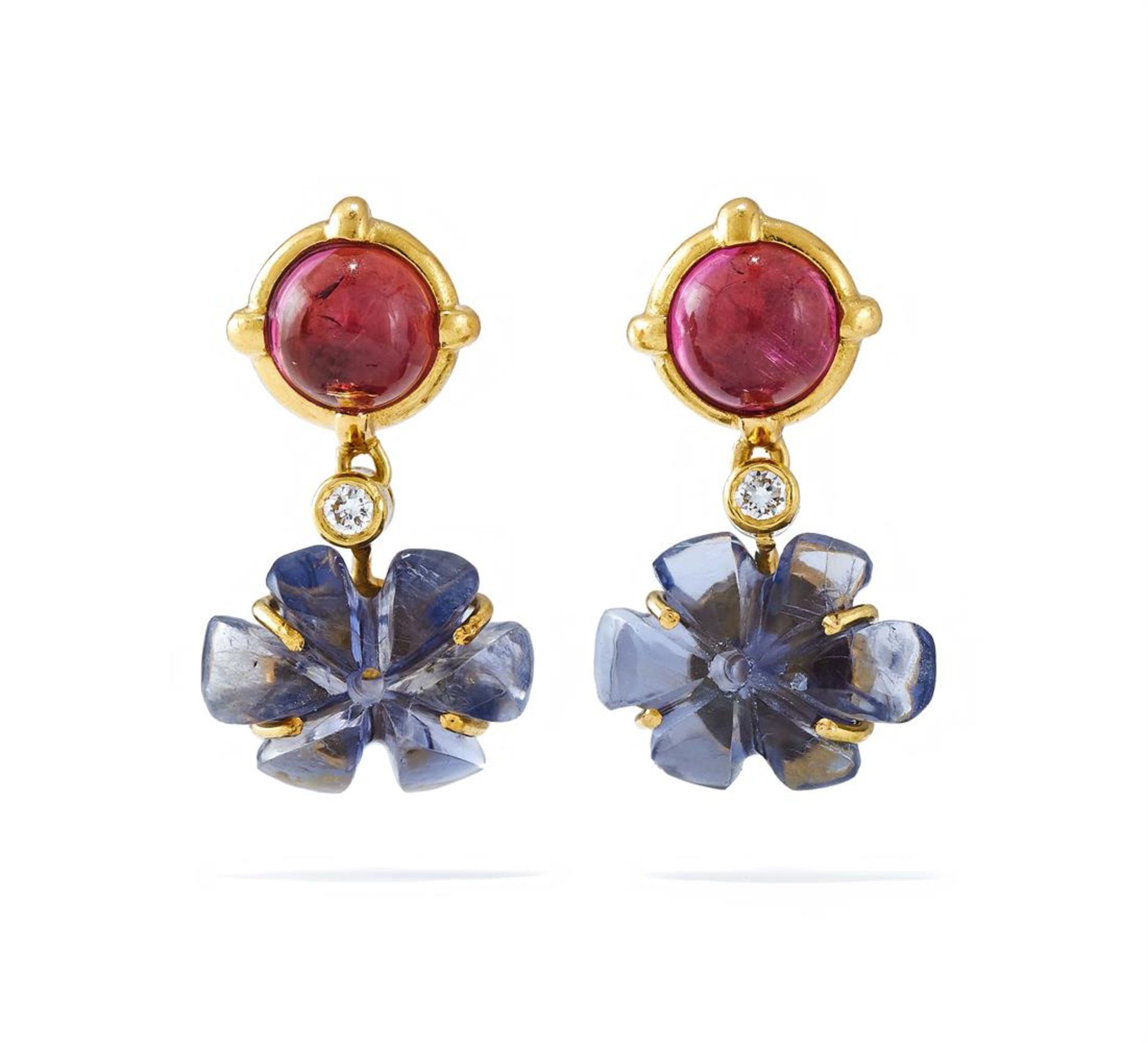 BULGARI, A PAIR OF PINK TOURMALINE, DIAMOND AND IOLITE EARRINGS