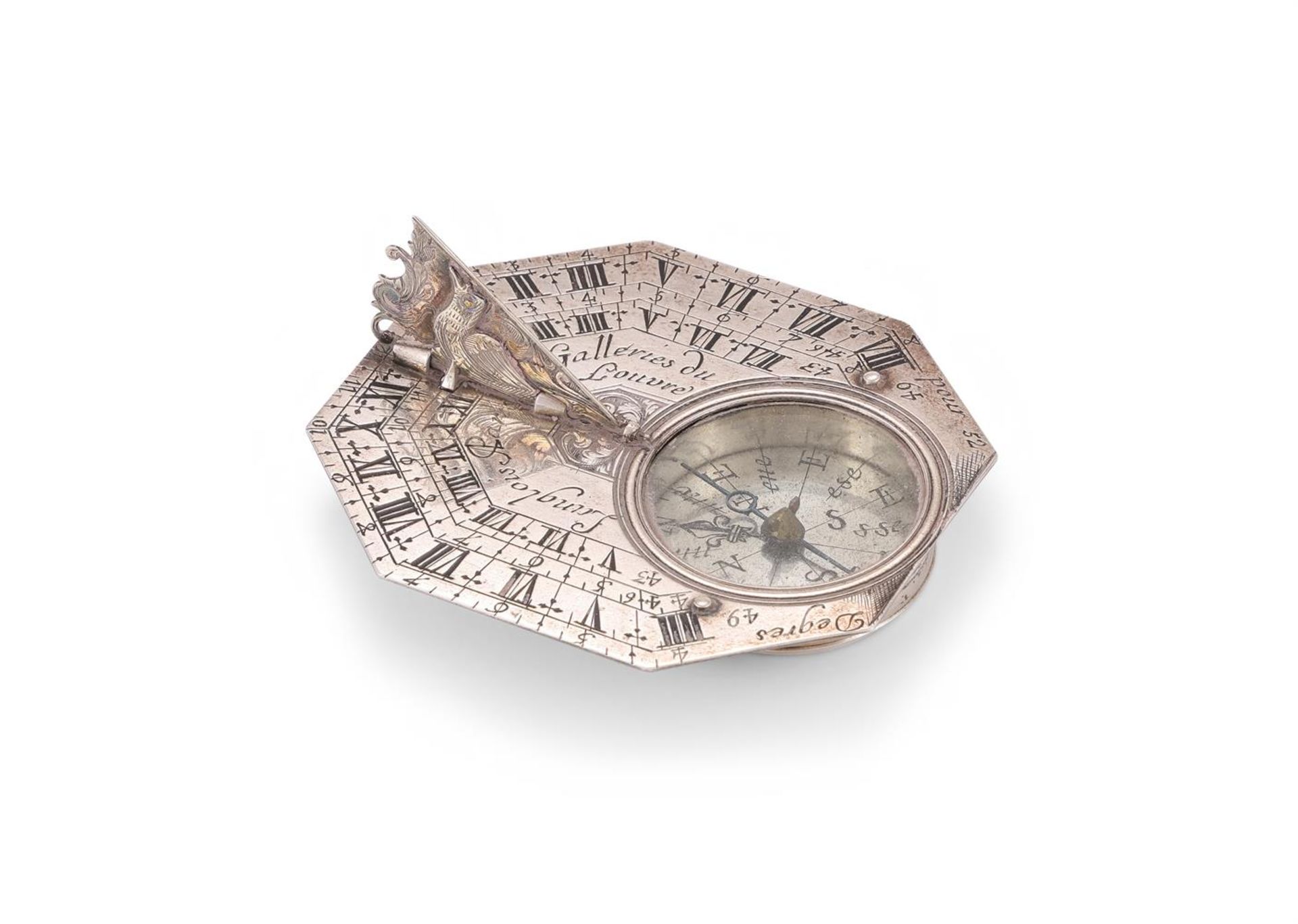 LANGLOIS PARIS, A FRENCH SILVER BUTTERFIELD TYPE TRAVEL POCKET COMPASS AND SUNDIAL