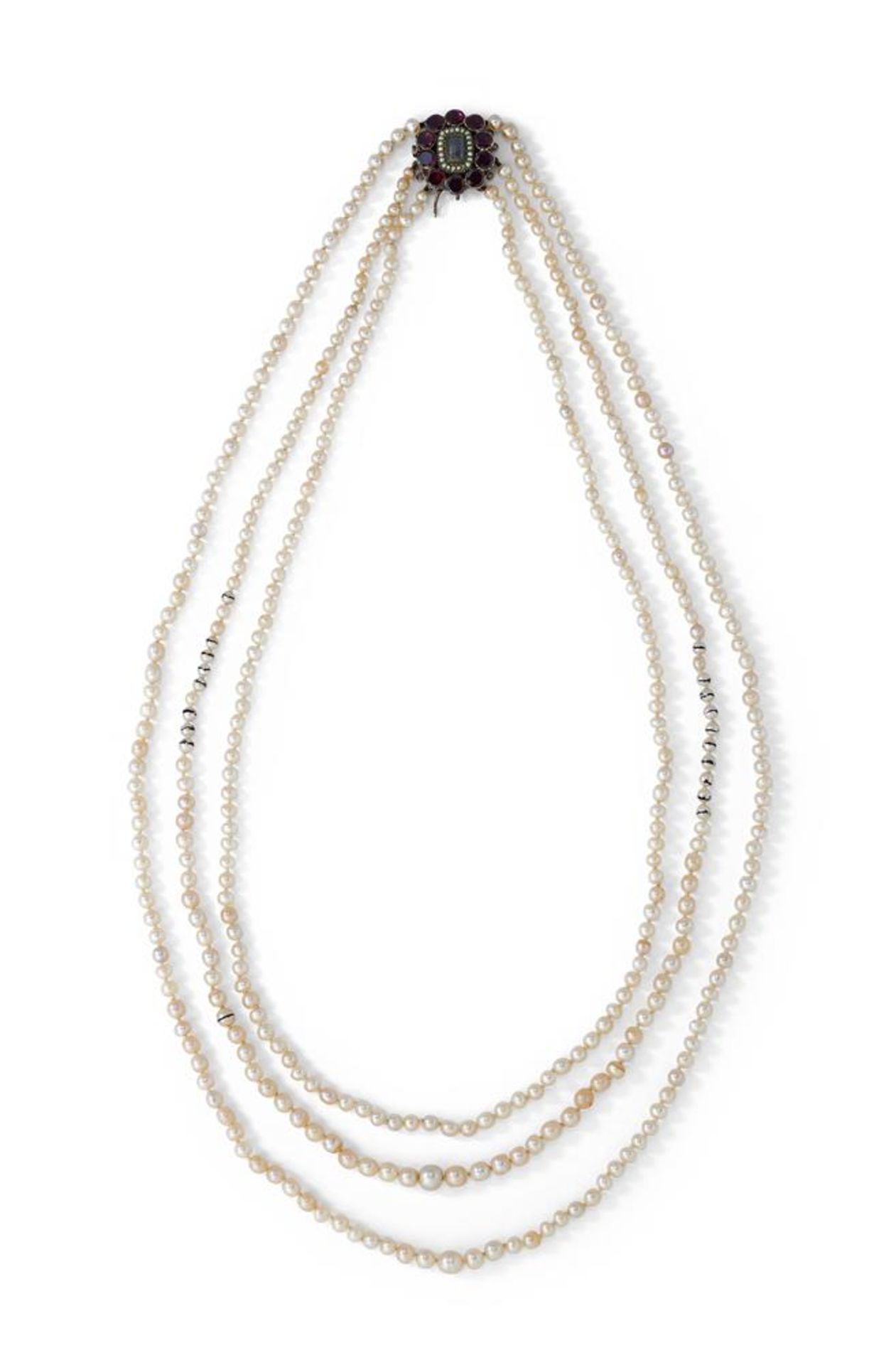 A THREE-ROW NATURAL AND CULTURED PEARL NECKLACE