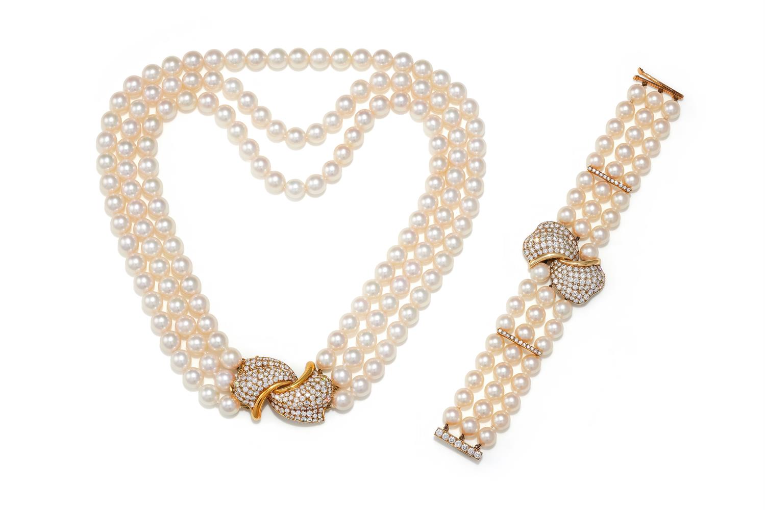 ASPREY, A CULTURED PEARL AND DIAMOND BRACELET AND SIMILAR NECKLACE