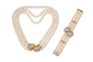 ASPREY, A CULTURED PEARL AND DIAMOND BRACELET AND SIMILAR NECKLACE