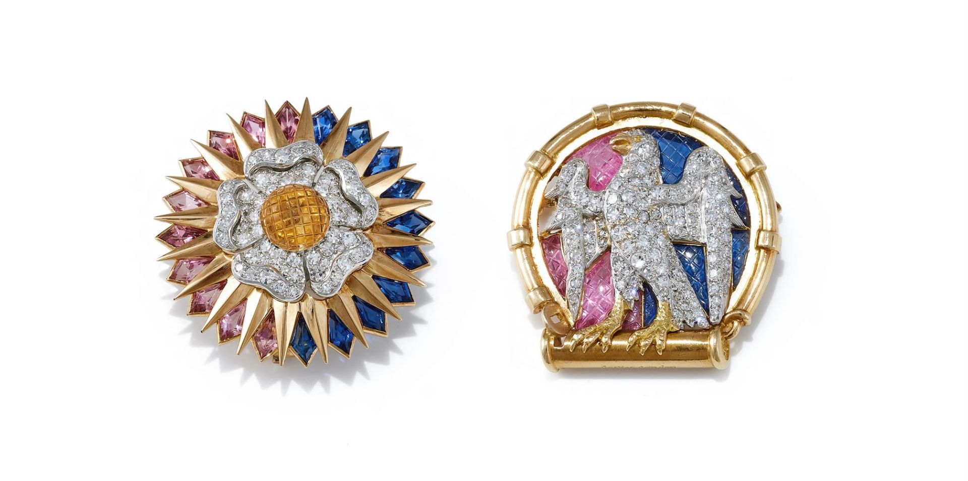 CARTIER, THE 'ELTHAM PALACE' DIAMOND AND GEM SET BROOCHES