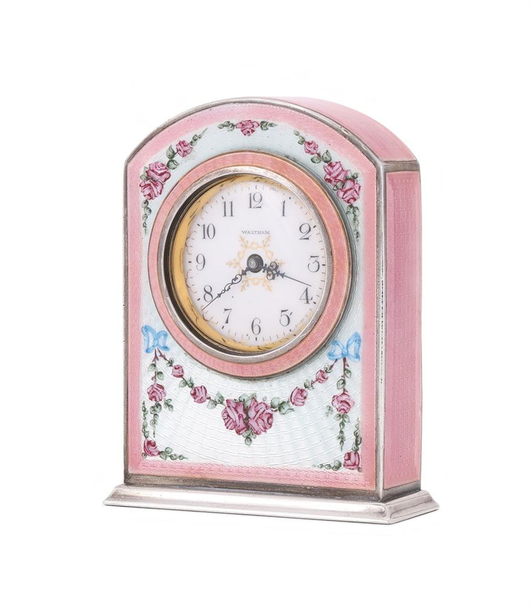 AN AMERICAN SILVER COLOURED AND ENAMEL 8-DAY DESK CLOCK