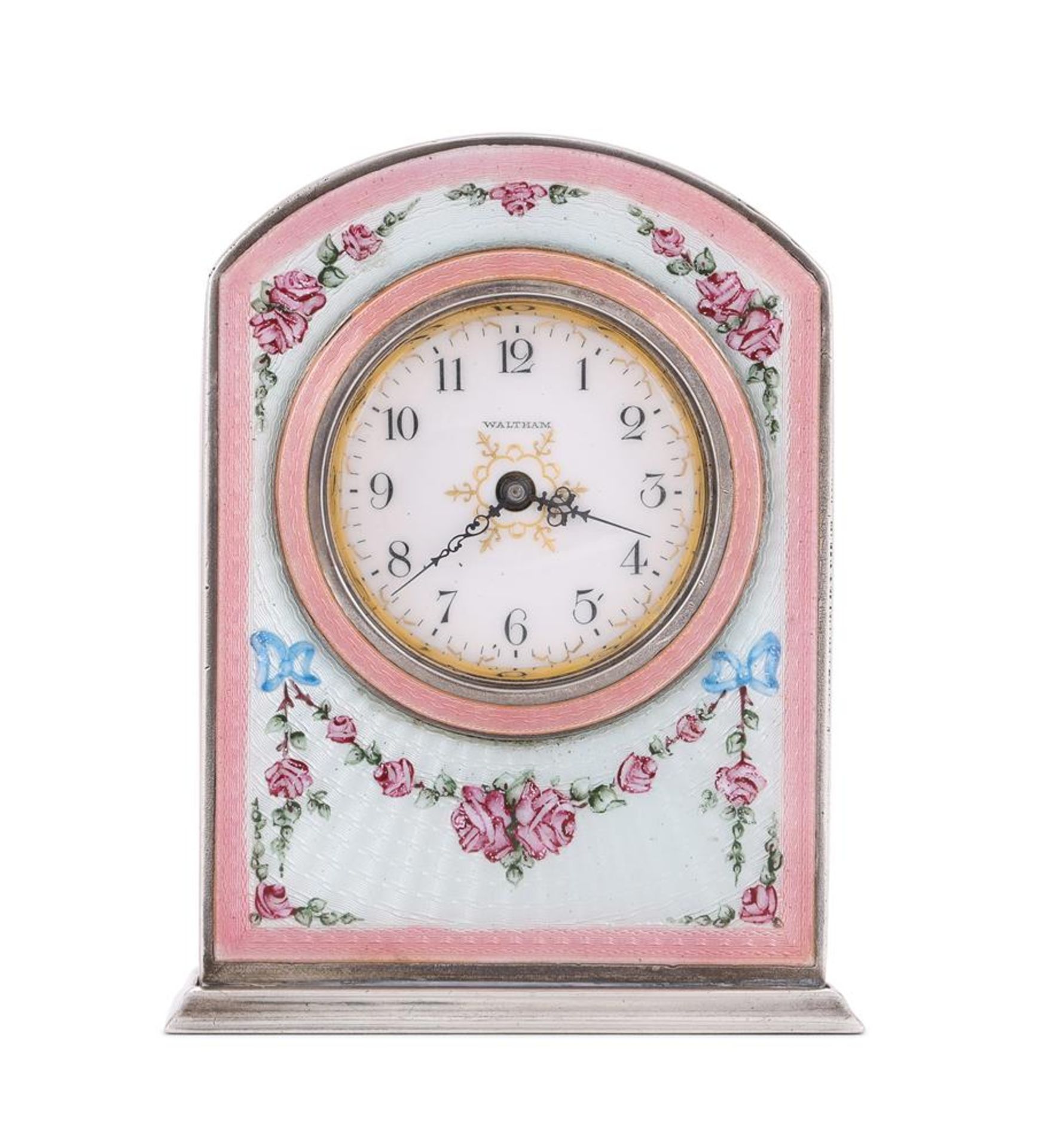 AN AMERICAN SILVER COLOURED AND ENAMEL 8-DAY DESK CLOCK - Image 2 of 4