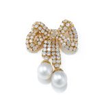 DAVID MORRIS, A DIAMOND AND CULTURED PEARL BOW BROOCH