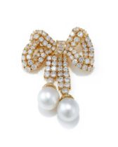 DAVID MORRIS, A DIAMOND AND CULTURED PEARL BOW BROOCH