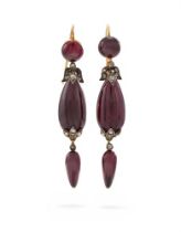 A PAIR OF MID-19TH CENTURY GARNET AND DIAMOND DROP EARRINGS