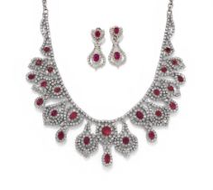 DIANOOR, A RUBY AND DIAMOND NECKLACE AND EARRING SUITE
