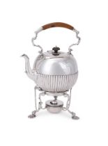 A VICTORIAN SILVER HALF LOBED KETTLE ON STAND