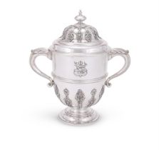 A VICTORIAN SILVER TWIN HANDLED CUP AND COVER