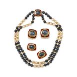 LEO DE VROOMEN, A HEMATITE, CULTURED PEARL AND ENAMEL NECKLACE AND EARRING SUITE