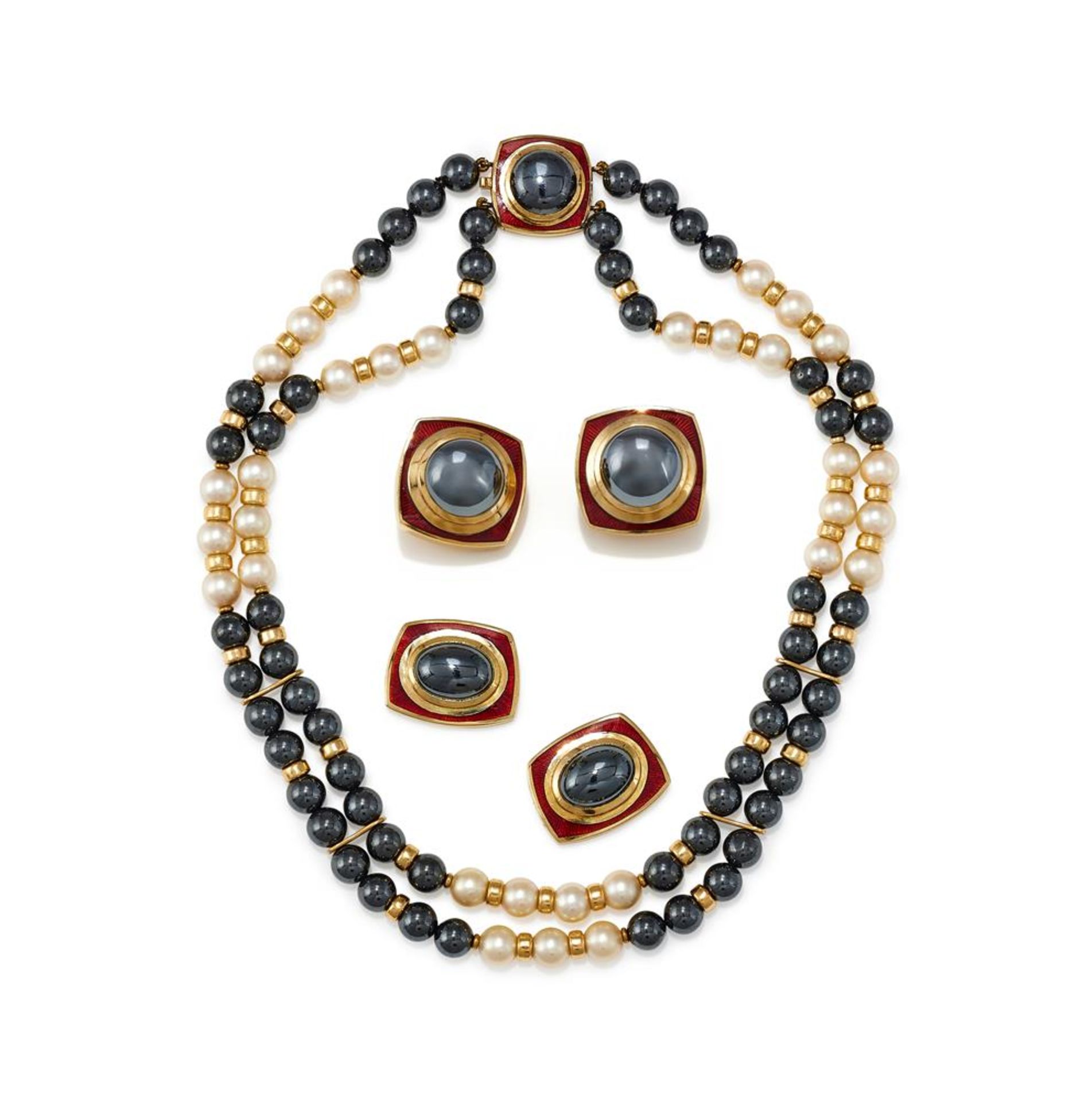 LEO DE VROOMEN, A HEMATITE, CULTURED PEARL AND ENAMEL NECKLACE AND EARRING SUITE