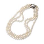 A THREE ROW CULTURED PEARL NECKLACE WITH DIAMOND AND CULTURED PEARL CLUSTER CLASP