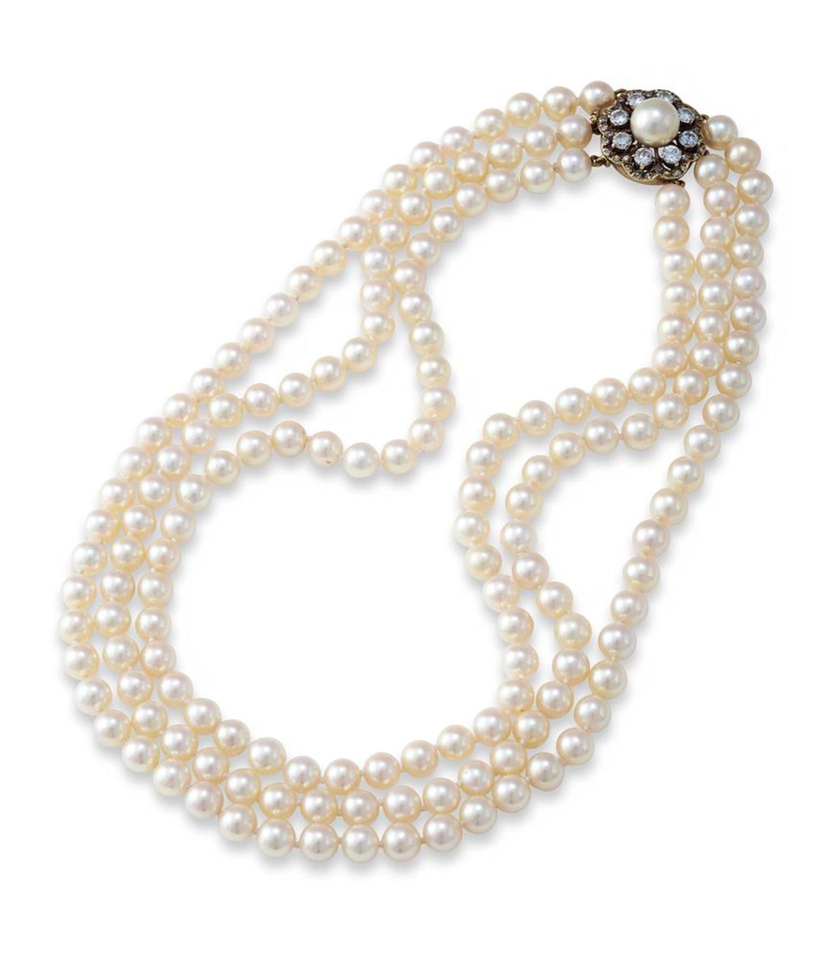 A THREE ROW CULTURED PEARL NECKLACE WITH DIAMOND AND CULTURED PEARL CLUSTER CLASP