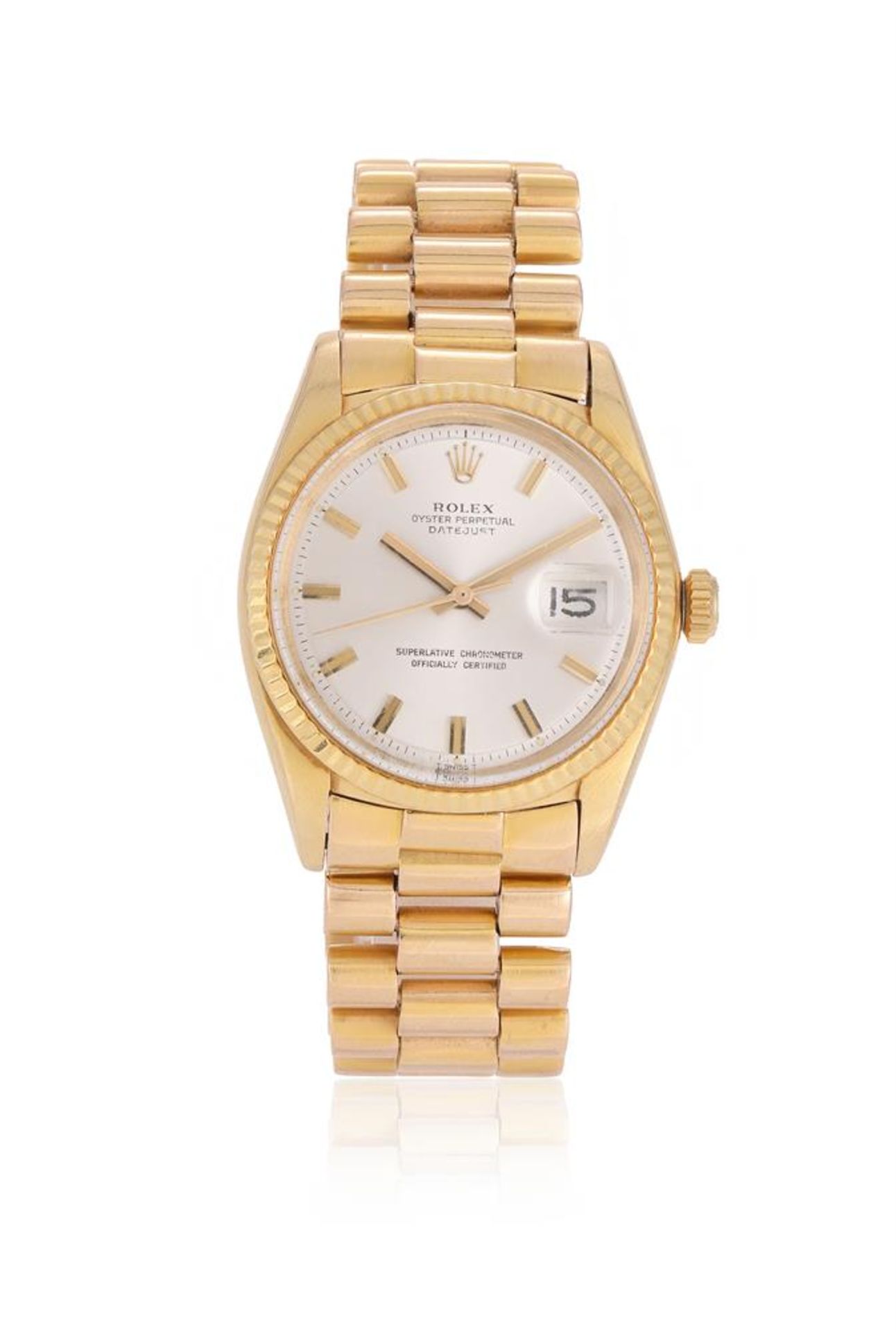 ROLEX, OYSTER PERPETUAL DATEJUST, REF. 1601, AN 18 CARAT GOLD BRACELET WATCH WITH DATE