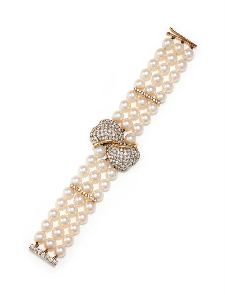 ASPREY, A CULTURED PEARL AND DIAMOND BRACELET AND SIMILAR NECKLACE - Image 3 of 3