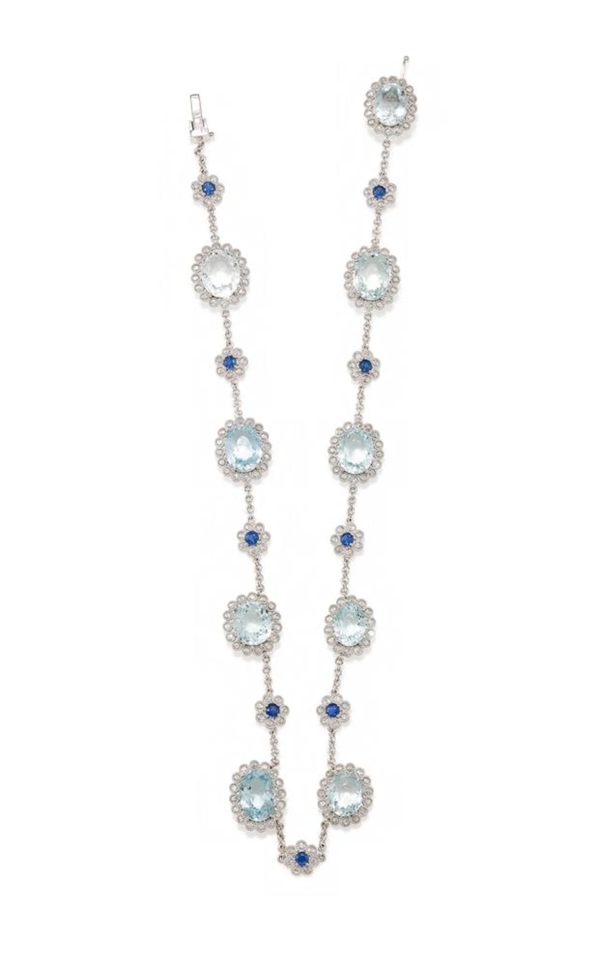 AN AQUAMARINE, SAPPHIRE AND DIAMOND NECKLACE - Image 2 of 2