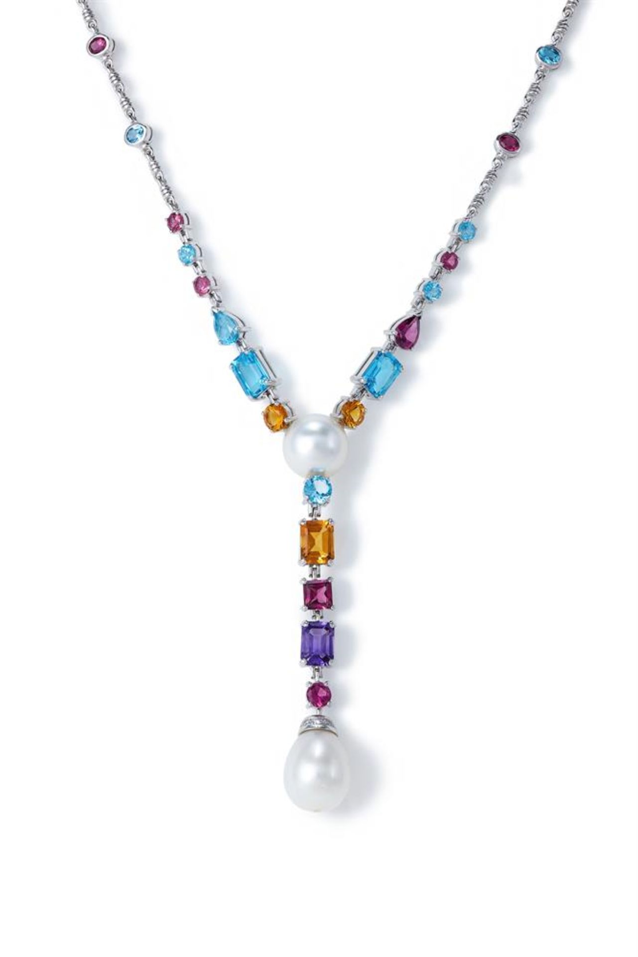 A CULTURED PEARL AND GEM SET PENDANT NECKLACE