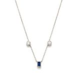 A DIAMOND AND SAPPHIRE THREE STONE NECKLACE