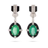 A PAIR OF EMERALD, ONYX AND DIAMOND EARRINGS