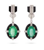 A PAIR OF EMERALD, ONYX AND DIAMOND EARRINGS