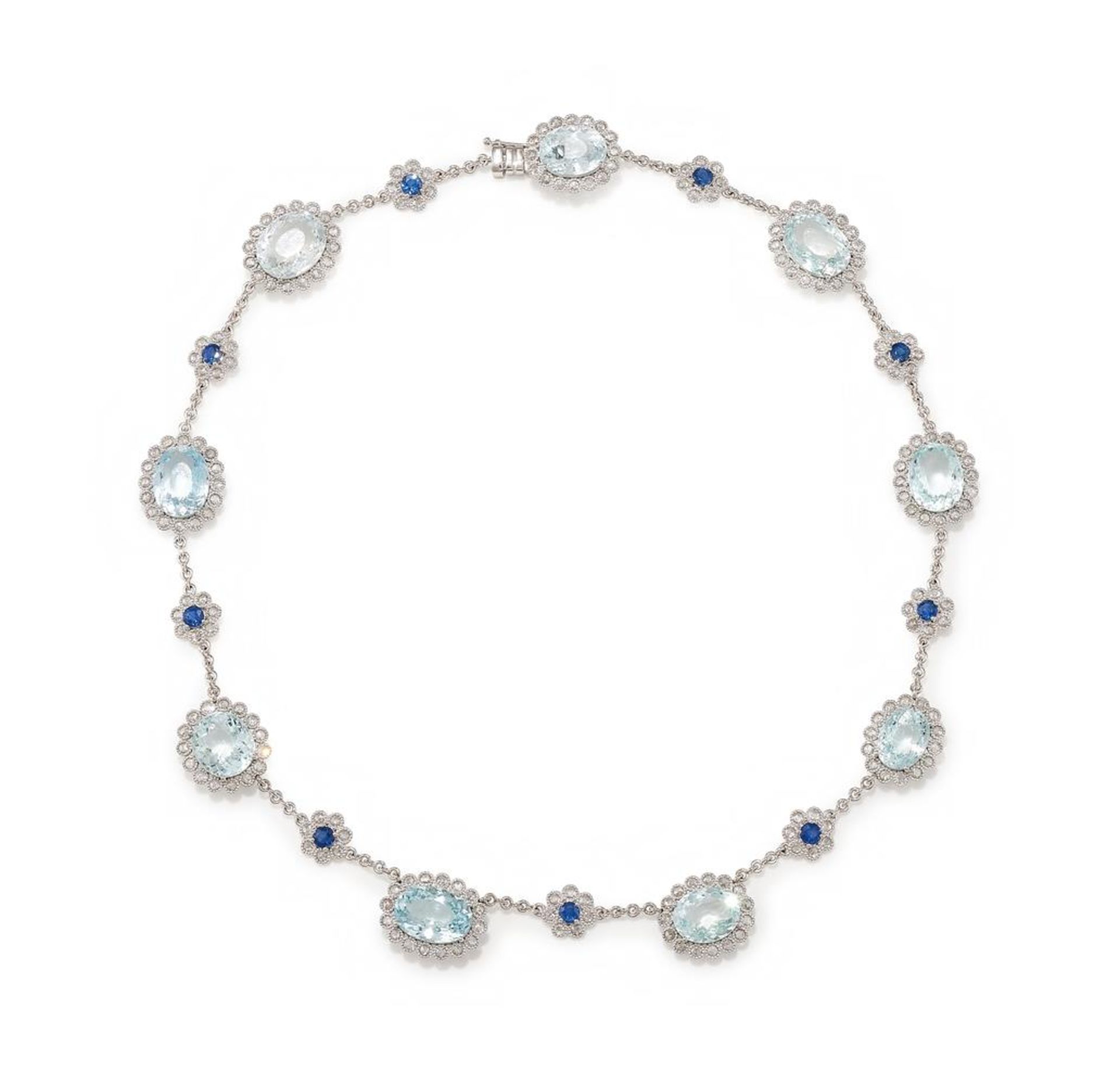 AN AQUAMARINE, SAPPHIRE AND DIAMOND NECKLACE