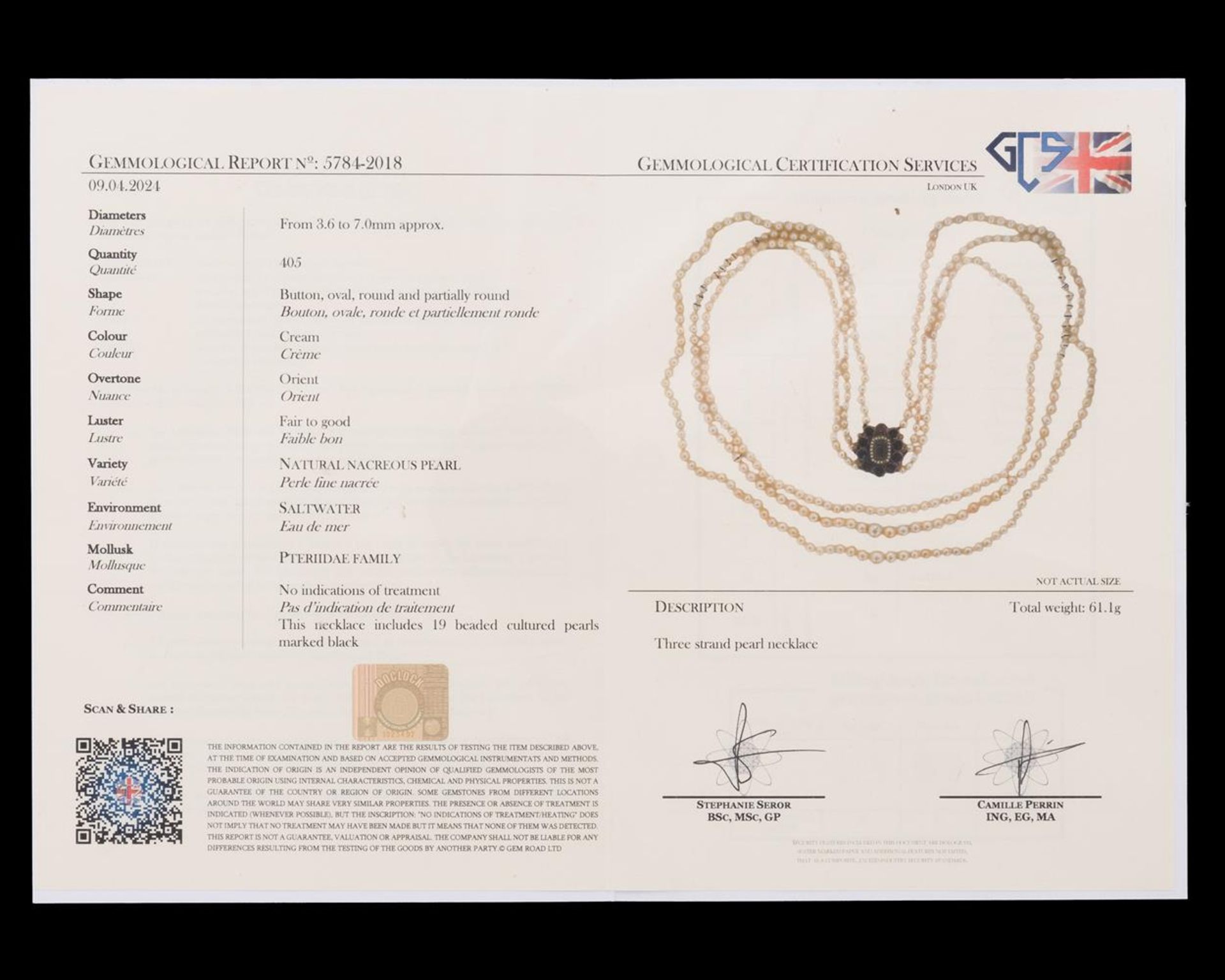 A THREE-ROW NATURAL AND CULTURED PEARL NECKLACE - Image 3 of 3