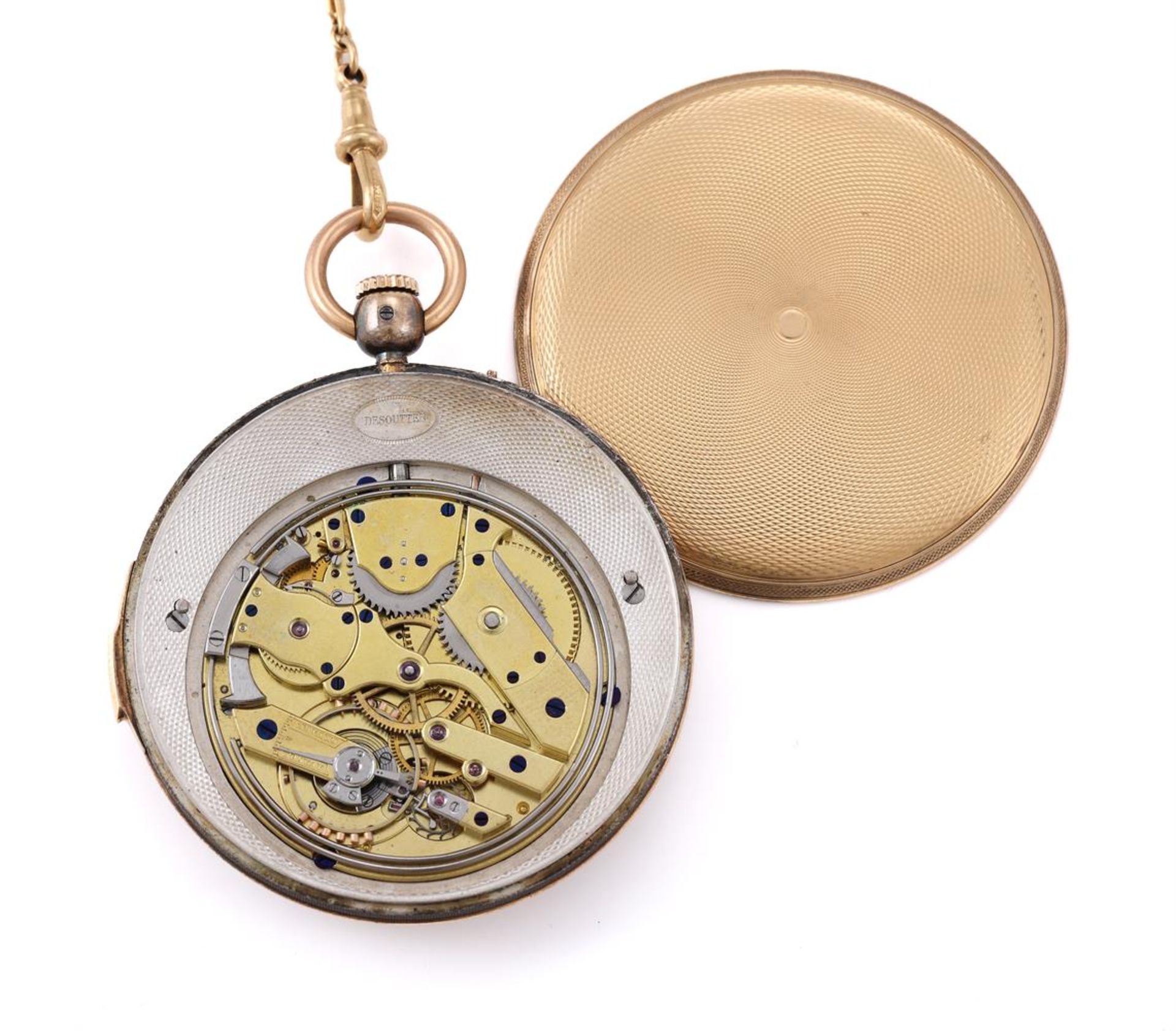 DESOUTTER, A GOLD KEYLESS WIND OPEN FACED REPEATER POCKET WATCH WITH MOON PHASE - Image 2 of 2