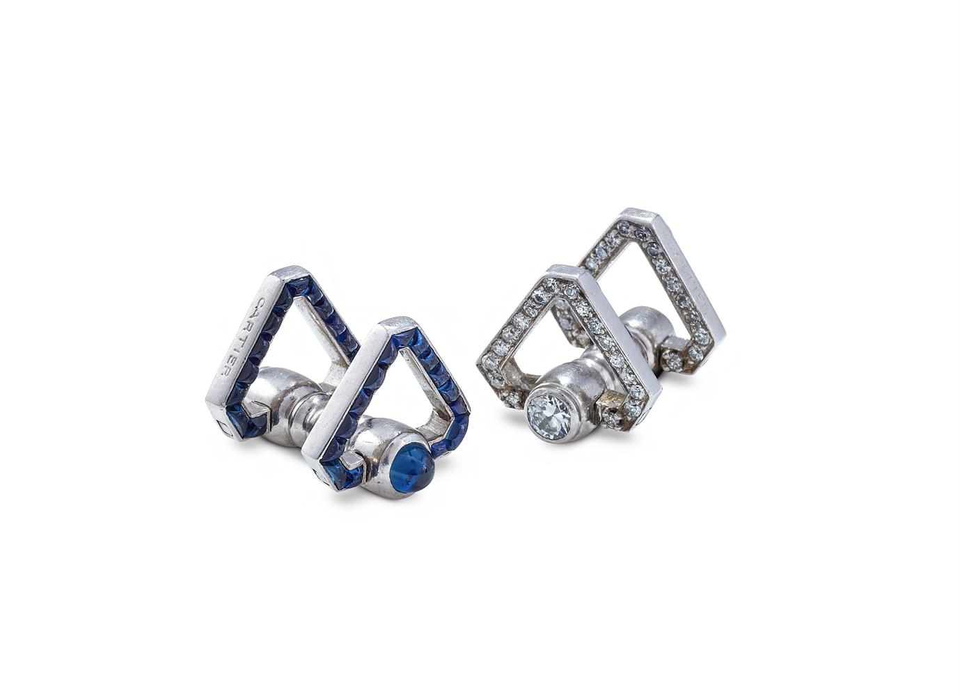 CARTIER, A PAIR OF ART DECO SAPPHIRE AND DIAMOND CUFFLINKS - Image 2 of 2