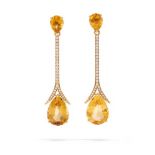 A PAIR OF CITRINE AND DIAMOND PENDENT EARRINGS