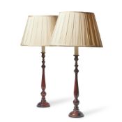A PAIR OF WOOD AND BRASS MOUNTED TABLE LAMPS, MODERN