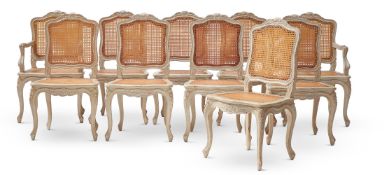 A SET OF TEN CREAM PAINTED AND CANED CHAIRS IN FRENCH 18TH CENTURY STYLE, BY FLAMANT, MODERN