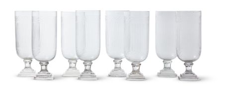 A GROUP OF EIGHT CUT GLASS HURRICANE SHADES, MODERN