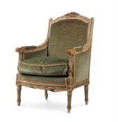 A FRENCH CREAM PAINTED AND PARCEL GILT BERGÈRE IN LOUIS XVI STYLE, LATE 19TH CENTURY