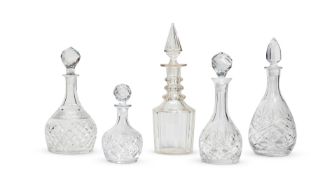 A MIXED GROUP OF FIVE DECANTERS, 19TH AND 20TH CENTURY