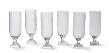 A GROUP OF SIX CUT GLASS HURRICANE SHADES, MODERN