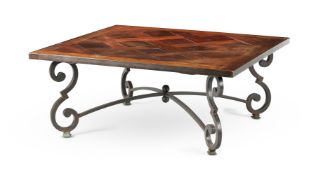 AN IRON AND OAK PARQUETRY LOW TABLE, MODERN