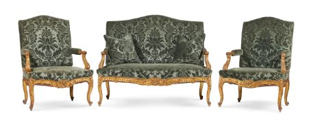A SUITE OF FRENCH CARVED GILTWOOD AND UPHOLSTERED SEAT FURNITURE, LATE 19TH CENTURY